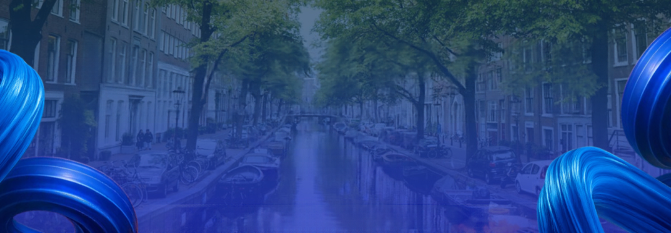 A blue-tinted view of an Amsterdam canal lined with trees, cars, and bicycles, framed by abstract blue 3D ribbon shapes in the corners.