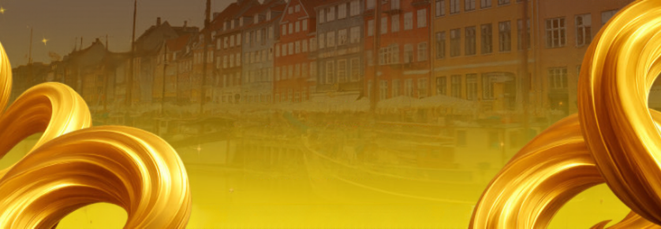 Two swirling, metallic gold abstract shapes framing a faded background image of colourful harbour houses along a canal.