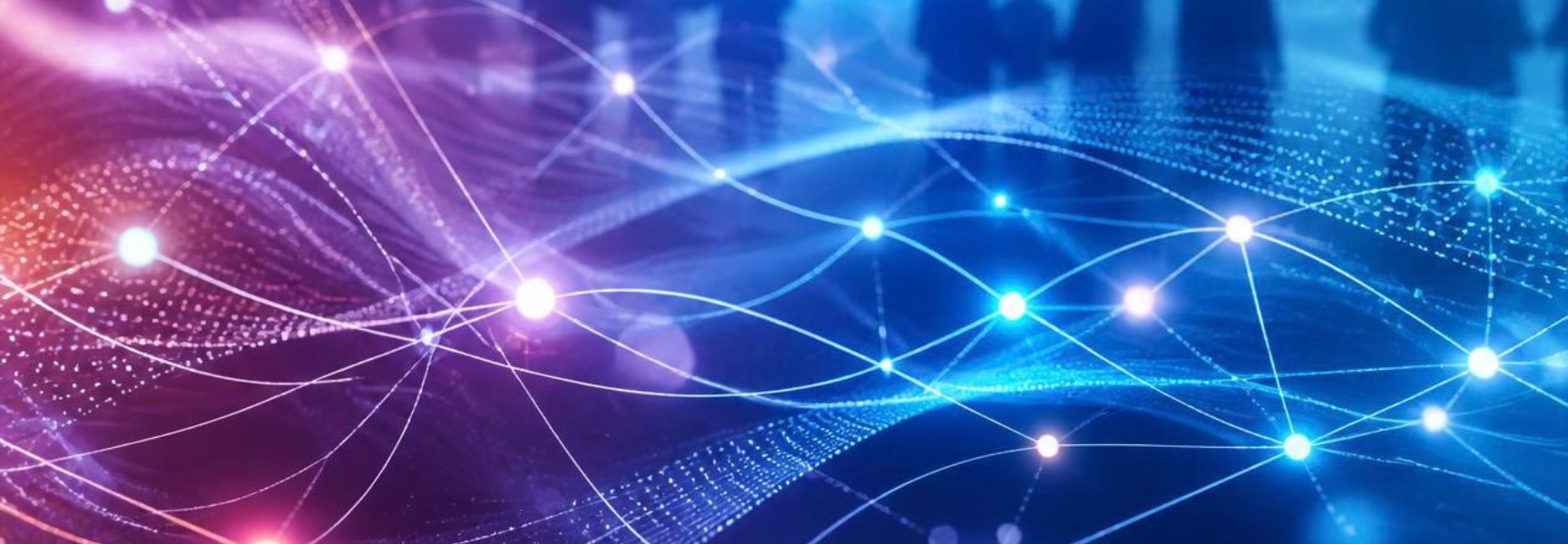 Abstract image of glowing, interconnected lines and dots over a blue and purple gradient background, representing digital data, technology, or a network.