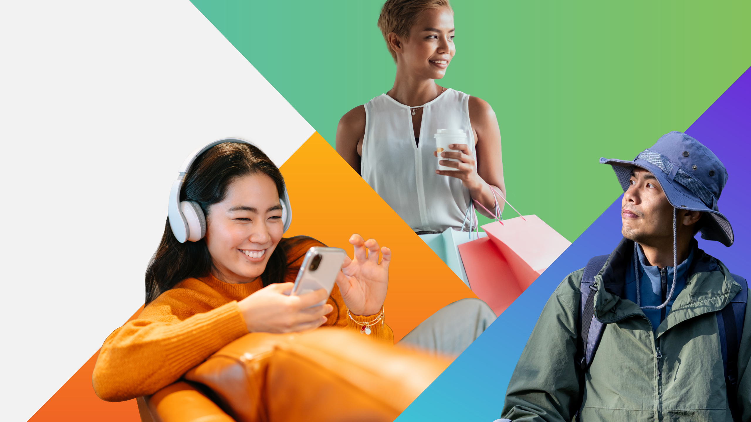 Một bức ảnh ghép cho thấy một người phụ nữ đang mỉm cười với tai nghe và điện thoại, một người phụ nữ cầm túi mua sắm và một tách cà phê, và một người mặc đồ dã ngoại và đội mũ, mỗi bức ảnh đều nổi bật trên nền hình học đầy màu sắc.