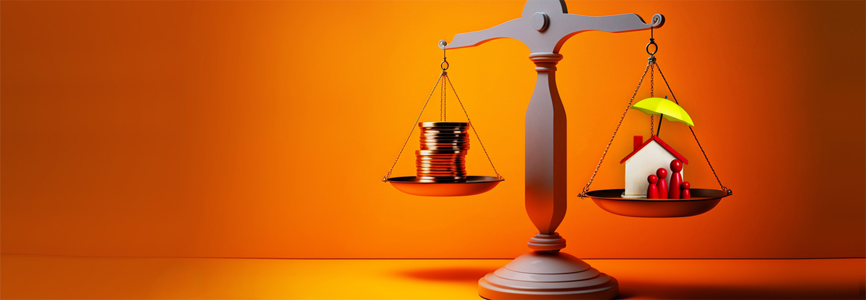 A balance scale against an orange background has stacks of coins on the left side and a small house with red people figures and a yellow umbrella on the right side. The scale suggests weighing financial and domestic elements.