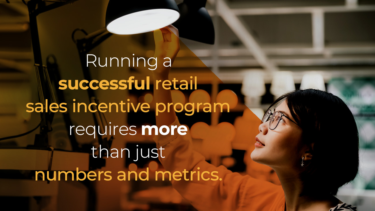 A person adjusts a lamp in a room with shelves. Text over the image reads, Running a successful retail sales incentive program requires more than just numbers and metrics. The person is wearing glasses and an orange sweater.