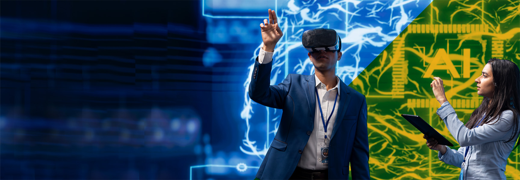 A man wearing a VR headset gestures in a blue, digital environment. A woman beside him uses a tablet, standing in front of a green background with AI circuit graphics. Both seem engaged in virtual technology.