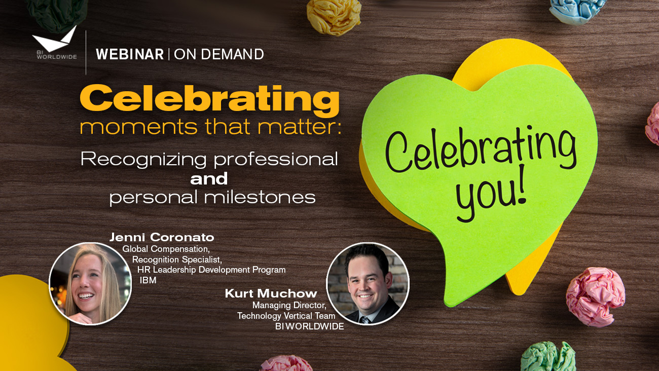 Webinar slide titled Celebrating moments that matter: Recognizing professional and personal milestones. Featuring speakers Jenni Coronato and Kurt Muchow. A heart-shaped sticky note reads Celebrating you! with colorful paper balls.