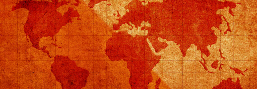 A stylized world map in shades of red, depicting continents on a textured, vintage parchment background. The map includes grid lines, giving it an antique and artistic appearance.
