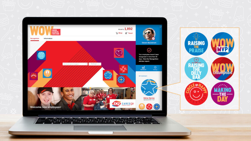 A laptop displays an employee recognition platform with user badges and achievements. To the right, a close-up shows six colorful circular badges with titles like WOW MVP, Circle of Play, and Making the Day.
