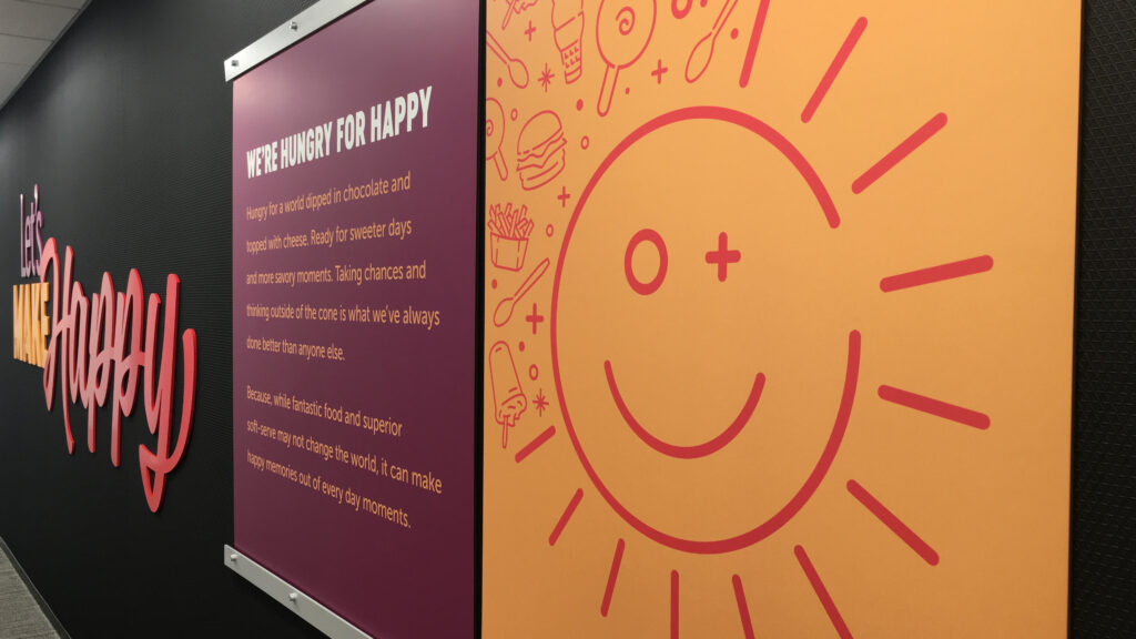 A wall mural with phrases about happiness, an orange background, and a large smiling sun face with radiating lines, next to motivational text and the words “Let’s Make Happy” in bold letters.