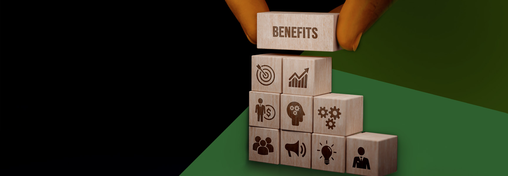 Hands stacking wooden blocks with various icons representing business concepts like targets, growth, teamwork, and innovation. At the pinnacle is a block labeled Benefits, underscoring the ultimate advantage. The background fades smoothly from black to green, highlighting prosperous aspirations.