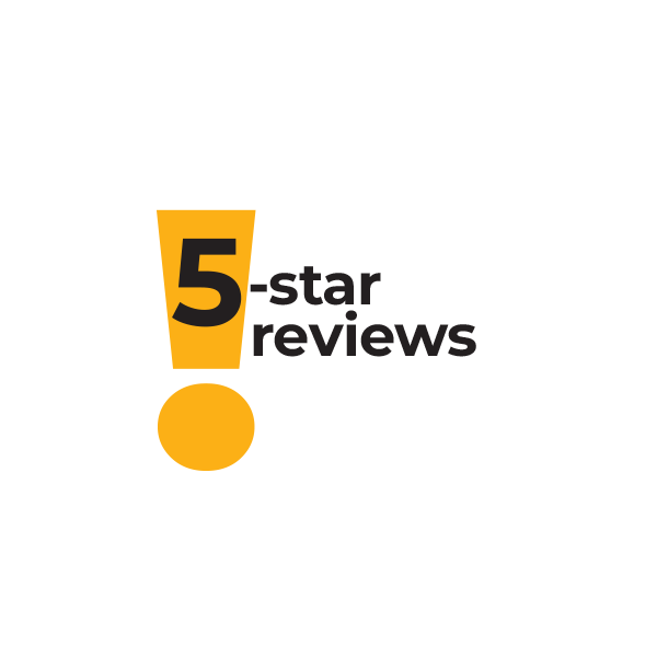 Yellow exclamation mark with the number 5 inside the top part, next to the black words star reviews. The image visually emphasizes 5 star reviews.