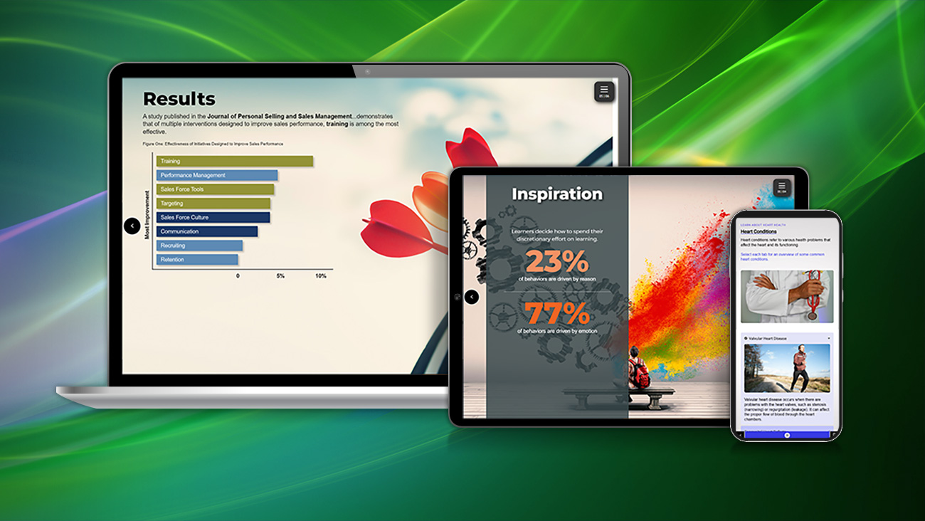 A laptop, tablet, and smartphone display different colorful charts and articles on their screens, set against a green abstract background.