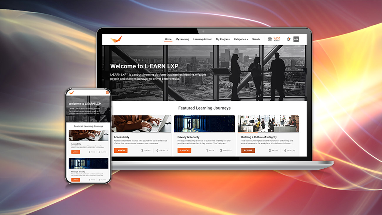 A laptop and a smartphone display the T-EARN LXP online learning platform, showing course options like Accessibility, Privacy & Security, and Building a Culture of Integrity, against a vibrant, abstract background.