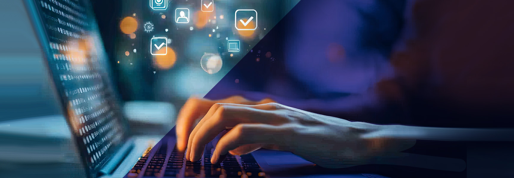 Hands typing on a laptop keyboard with digital icons, such as checkmarks and user profiles, floating above the screen, symbolizing technology, cybersecurity, or digital communication.