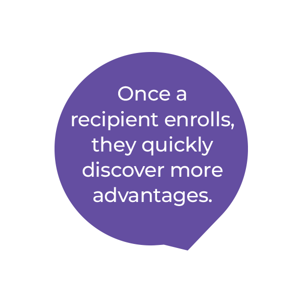 A purple speech bubble contains the text: Once a recipient enrolls, they quickly discover more advantages.