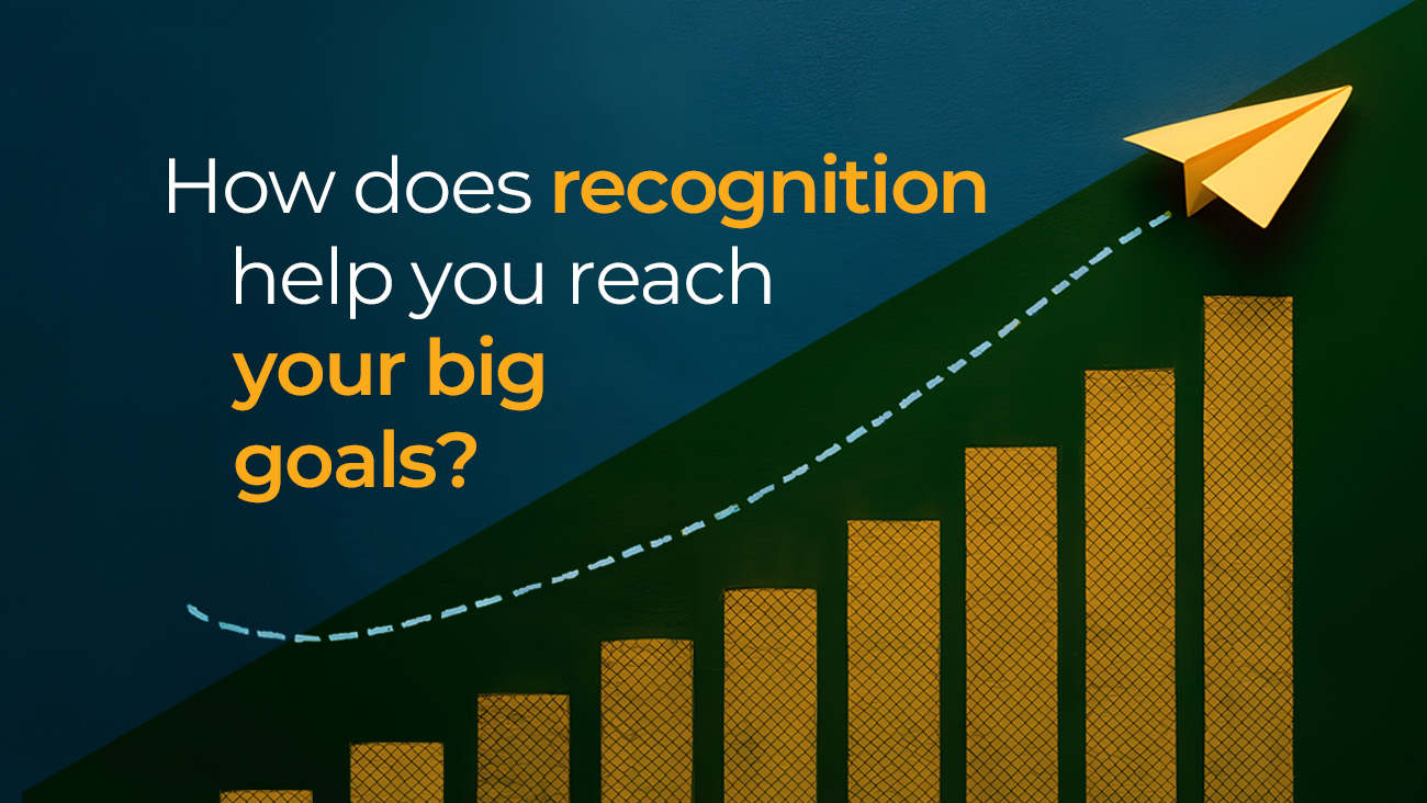 A yellow paper airplane follows a dotted upward path above ascending bar graphs. Text reads: How does recognition help you reach your big goals? with recognition and your big goals? highlighted in orange.