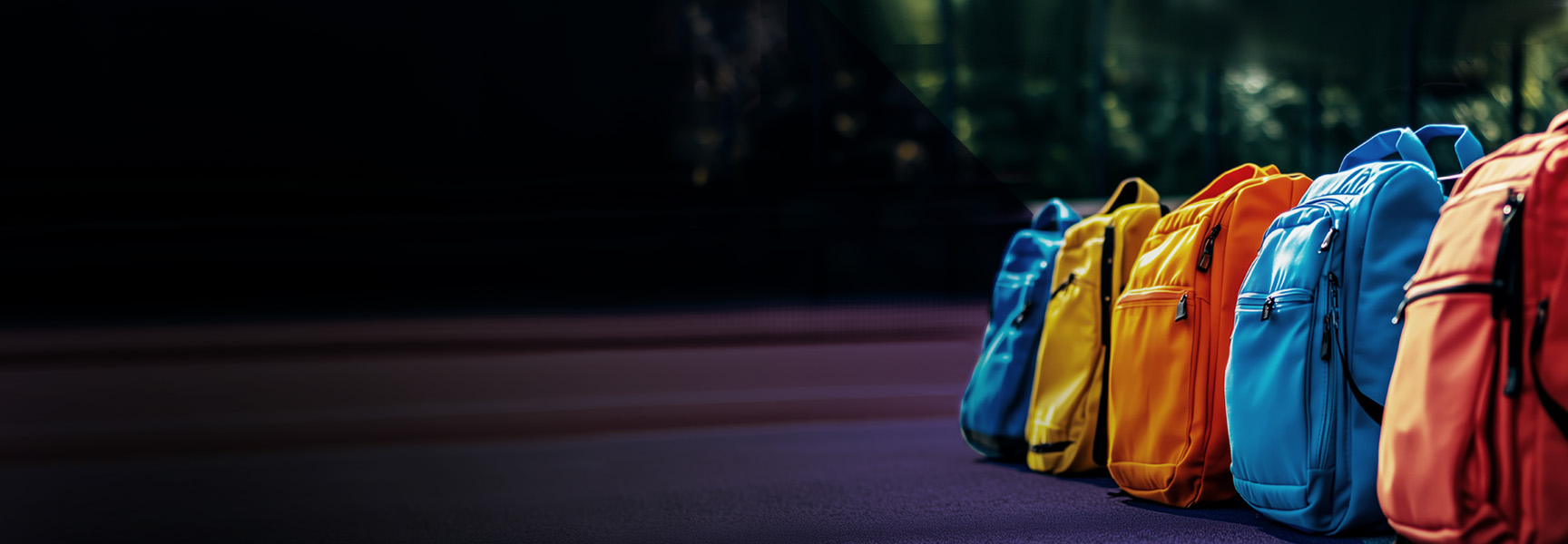 Five colorful backpacks—yellow, orange, blue, and red—are lined up on the ground against a dark, blurred background, suggesting a school or urban setting.