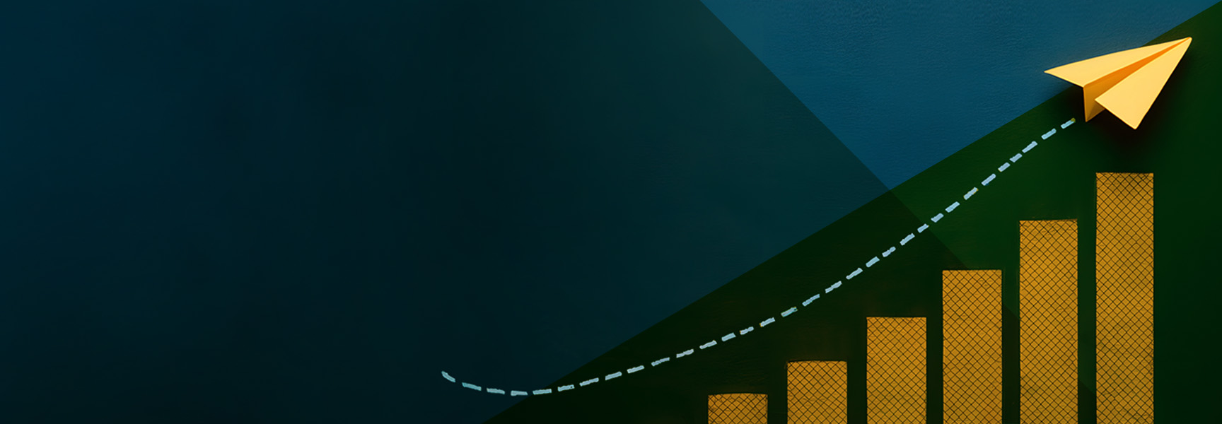 A yellow paper airplane follows a dotted upward path above a rising bar graph, symbolizing growth and progress on a dark blue and green background.