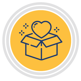 A yellow circle with a line drawing of an open box and a heart rising out of it, surrounded by small sparkles, symbolizing giving or care. White and gray rings border the circle.