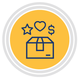 A yellow circle with a blue outline of a package, a star, a heart, and a dollar sign above it, symbolizing value, care, and cost of a package. White and gray concentric rings surround the circle.