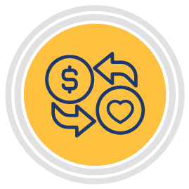 A circular icon with a yellow background shows a dollar sign and a heart, connected by two curved arrows, symbolizing the exchange between money and goodwill or charity.