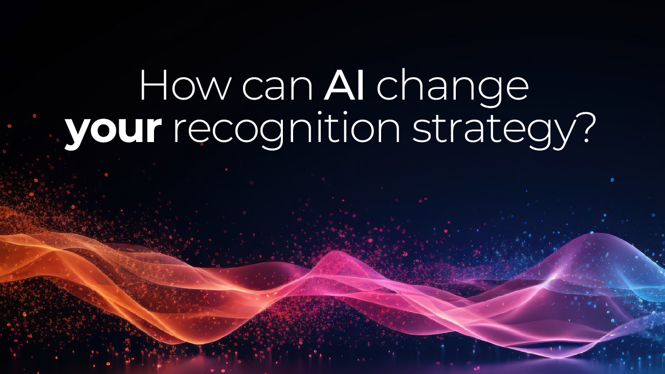 Text on a dark background reads, How can AI change your recognition strategy? with AI and your in bold. Colorful, wavy light patterns in orange, pink, and blue decorate the lower part of the image.