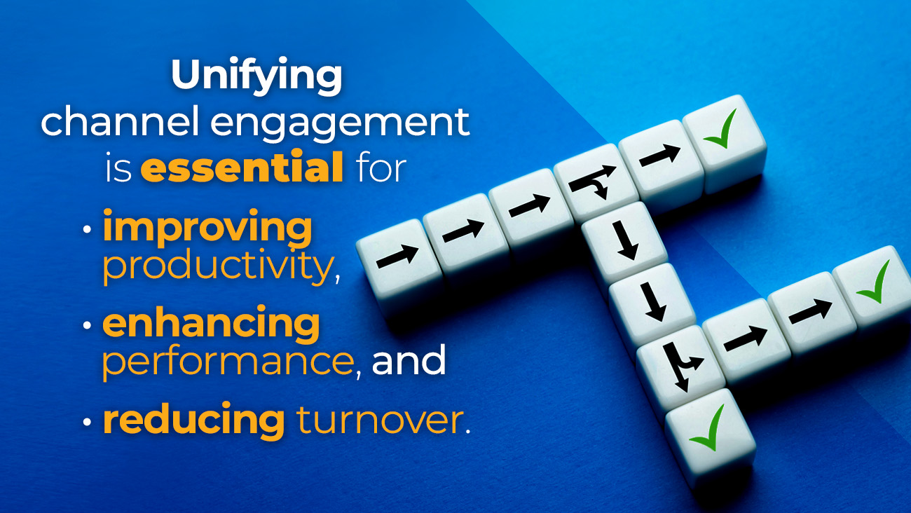 White dice with arrows and green check marks form a connected path on a blue background. Text states: Unifying channel engagement is essential for improving productivity, enhancing performance, and reducing turnover.