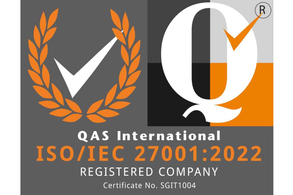 QAS International ISO/IEC 27001:2022 certification badge featuring an orange laurel wreath, a large “Q” with a checkmark, and registration information.