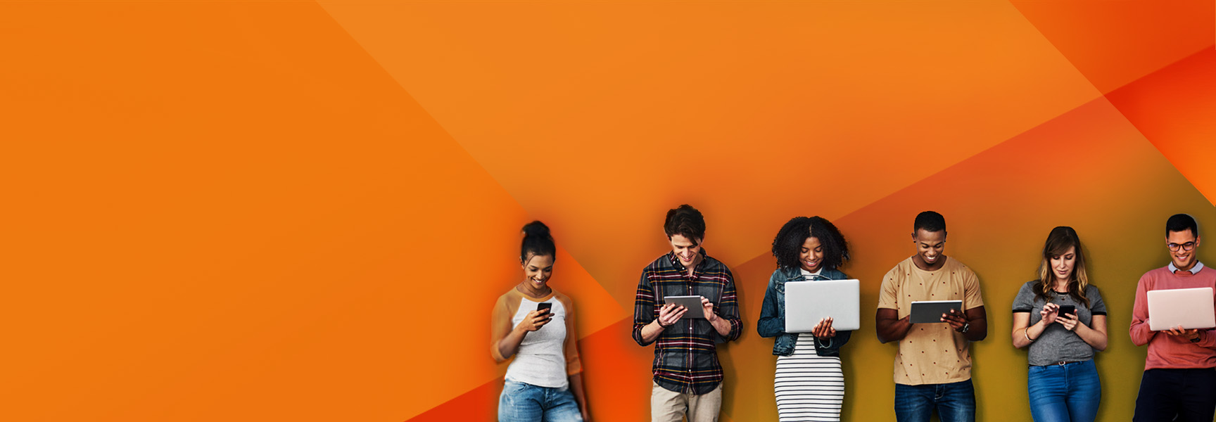 Six young adults standing in a row against an orange geometric background, each looking at a digital device such as laptops, tablets, or smartphones.