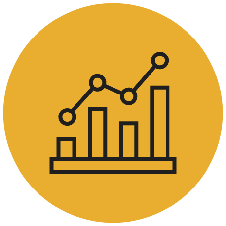 A black bar chart with a line graph overlay is shown on a yellow circular background. The bars and line represent data analytics or statistics.