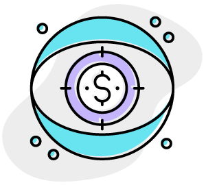 A stylized dollar sign inside a crosshair, surrounded by curved blue shapes and small circles on a gray abstract background.