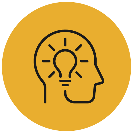 A black outline of a human head in profile with a glowing light bulb inside, representing an idea or creativity, on a yellow circular background.