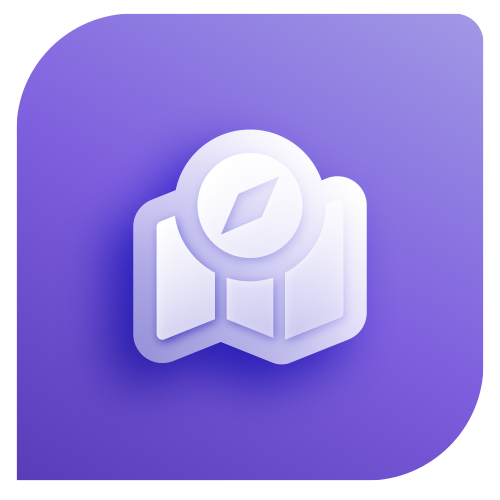 A white icon of a map with a compass on a rounded purple square background. The map and compass are stylized with soft shadow and gradient effects.