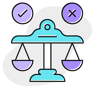 A stylized illustration of a blue balance scale with one side higher than the other, a check mark in a purple circle above the higher side, and an X in a purple circle above the lower side.