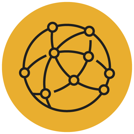 A yellow circle with a black line drawing of an abstract globe, featuring interconnected nodes and curved lines, symbolizing global connections or a network.
