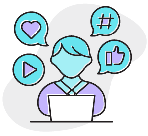 Illustration of a person using a laptop, with speech bubbles showing symbols: a heart, hashtag, thumbs up, and play button, representing social media activity.
