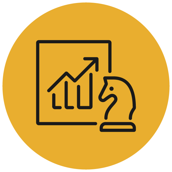 A black outline of a chess knight and an upward-trending bar graph on a yellow circular background, representing strategic planning and business growth.