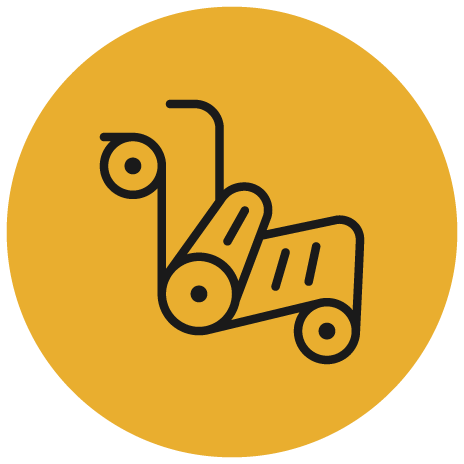 Black line drawing of three overlapping rolls of material, resembling fabric or paper, on a solid mustard yellow circular background.