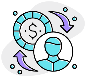 Illustration of a person icon with circular arrows pointing to a casino chip featuring a dollar sign, representing financial transactions or exchanges.