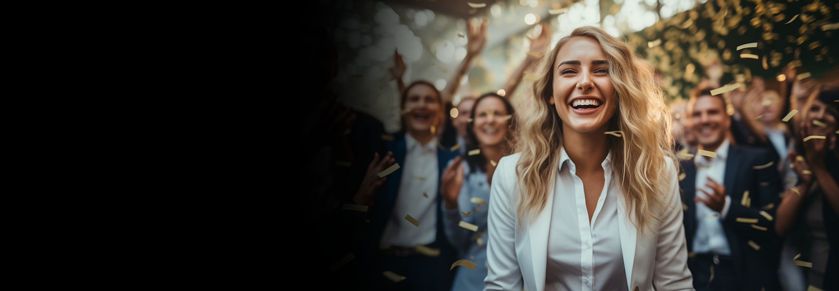 A smiling woman with long blonde hair stands in the foreground, wearing a white shirt. She is surrounded by people clapping and celebrating, with confetti falling around them. The background is blurred and festive.