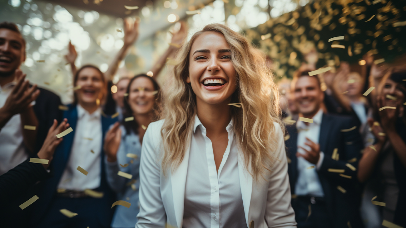 A smiling woman in a white shirt stands in the center of a cheering crowd as gold confetti falls around her, creating a festive and joyful atmosphere at what appears to be a celebration or party.