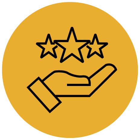A black outline of a hand holding three stars, with a yellow circular background. The image symbolizes quality, rating, or customer satisfaction.