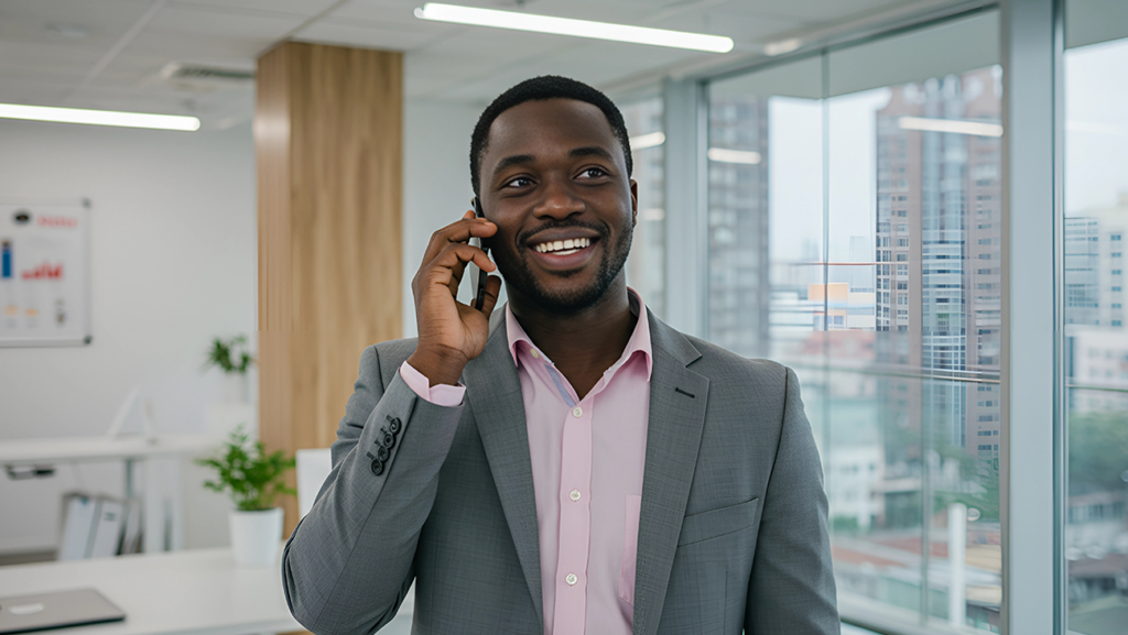A man in a gray suit and pink shirt smiles while talking on his phone in a modern office with large windows and city views in the background.