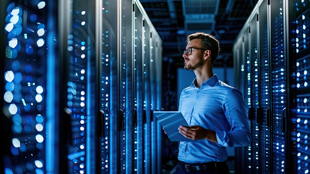 A man in a blue shirt holds a tablet while standing in a server room filled with rows of illuminated server racks, looking thoughtfully at the equipment. Blue lights and cables create a high-tech atmosphere.