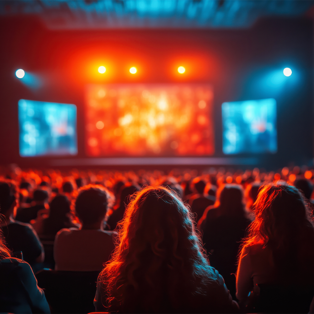 A large audience sits in a dark theater, watching a brightly lit stage with three large, glowing screens displaying abstract visuals in red and blue tones.