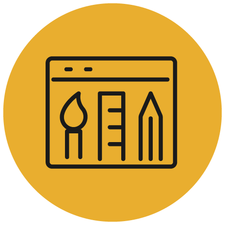 A black outline icon of a computer window with a paintbrush, ruler, and pencil inside, symbolizing graphic design, on a yellow circular background.