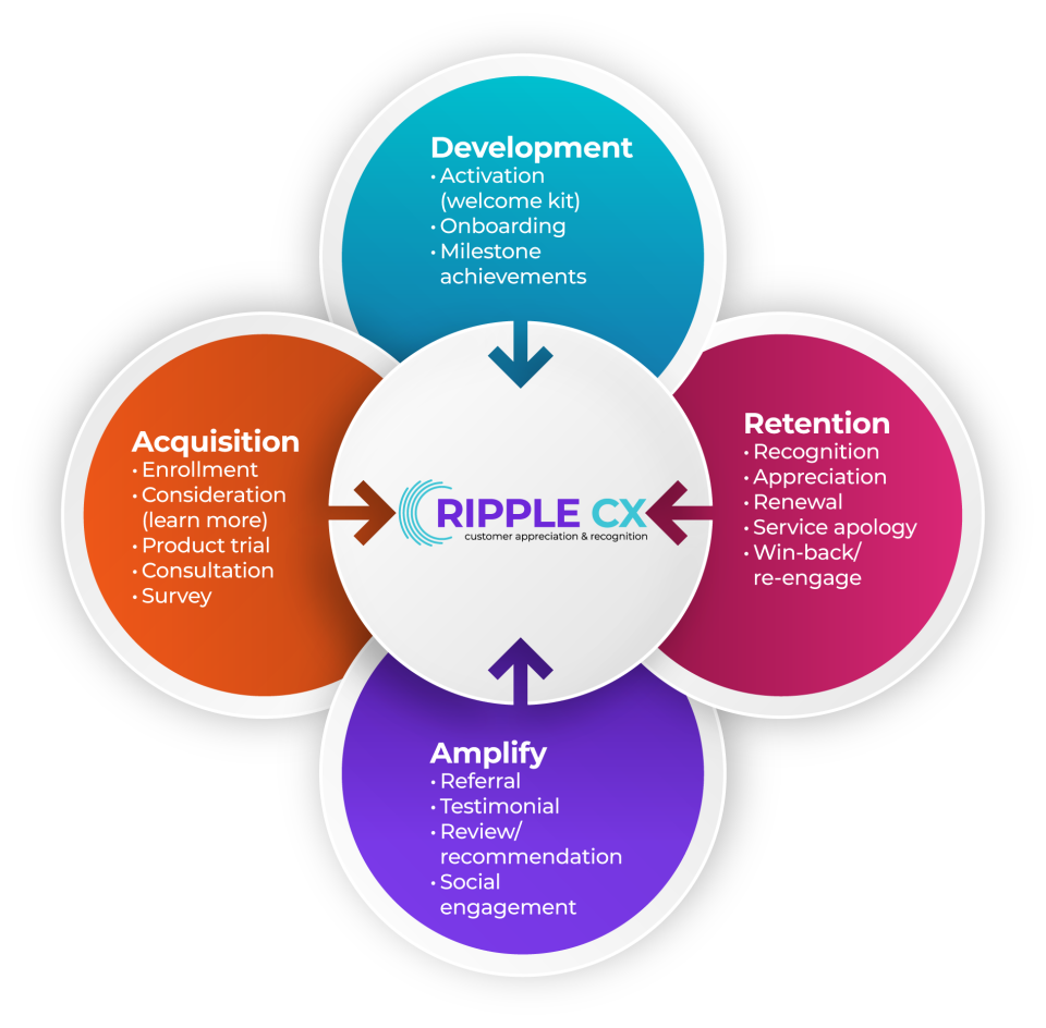 A diagram with four colored sections around a central “RIPPLE CX” circle. The sections are: Development (blue), Retention (pink), Amplify (purple), and Acquisition (orange), each listing related customer experience actions.