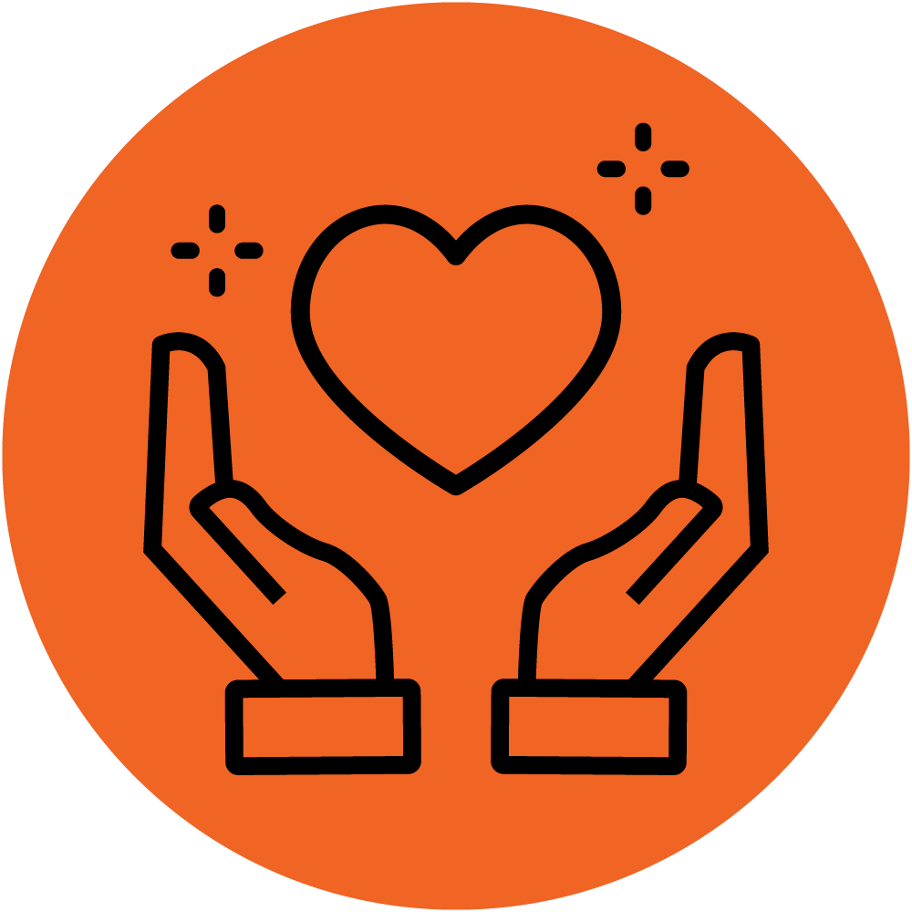 An orange circle with two black outlined hands raised upward, palms open, holding a heart shape above them with sparkles around the heart.