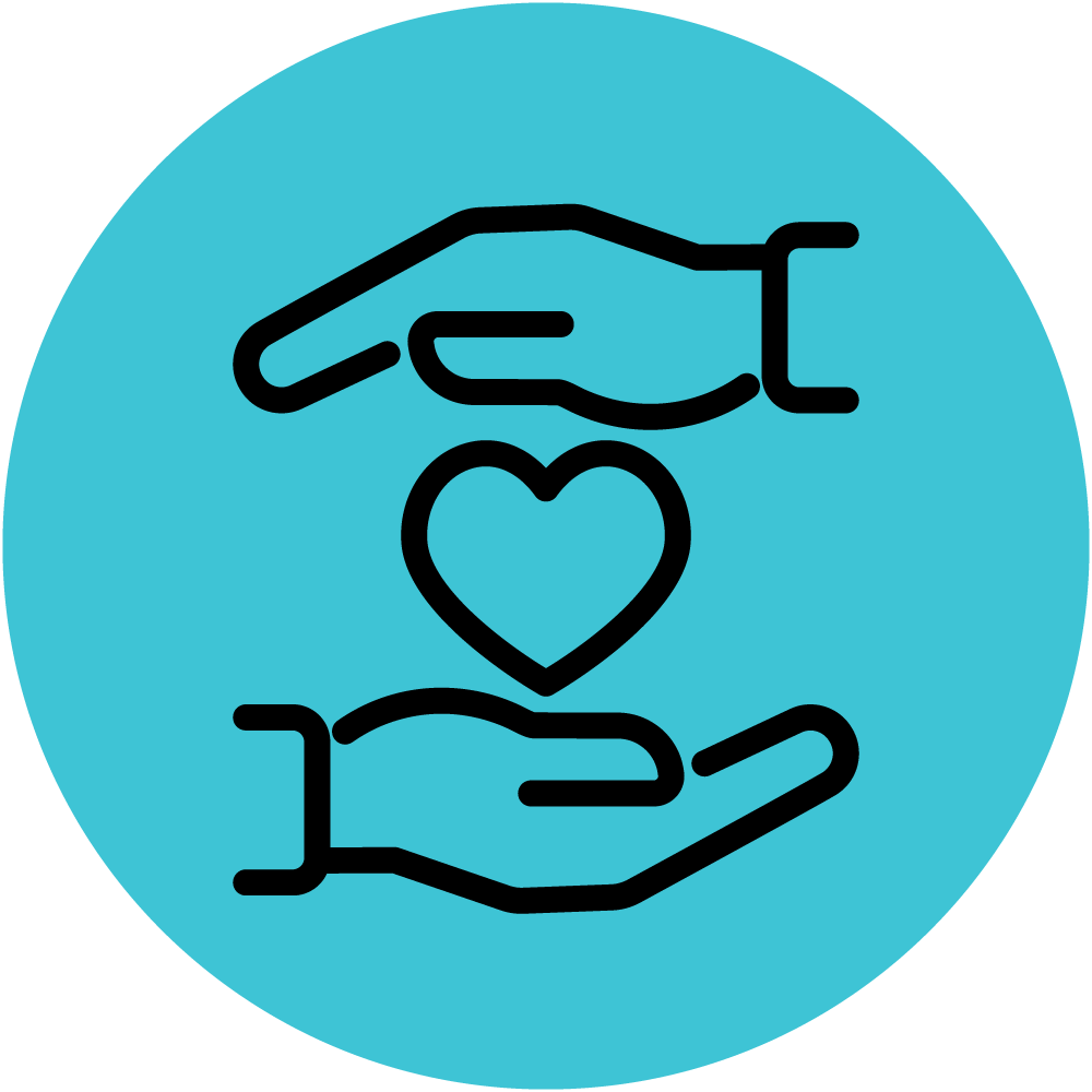 Two hands, one above and one below, surround a heart shape in the center. The design is a simple black outline on a solid blue circular background, symbolizing care, protection, or support.