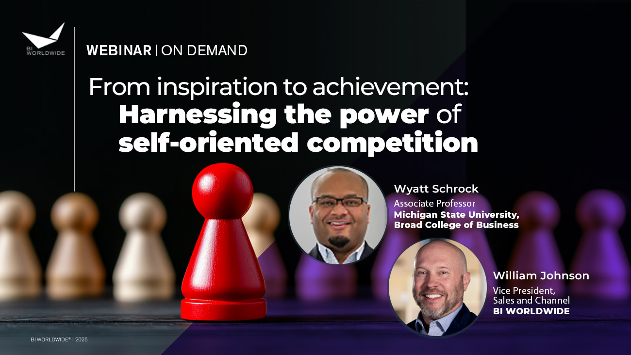 Webinar promo image with the title “Harnessing the power of self-oriented competition,” featuring a red game piece in front of blurred black ones, and headshots of Wyatt Schrock and William Johnson with their titles.