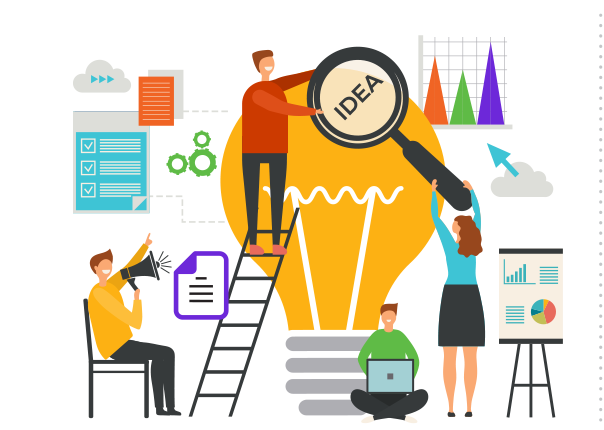 Four people work together on a creative project: one speaks into a megaphone, one types on a laptop, one stands on a ladder holding a magnifying glass reading “IDEA,” and another points at charts, all in front of a large light bulb.