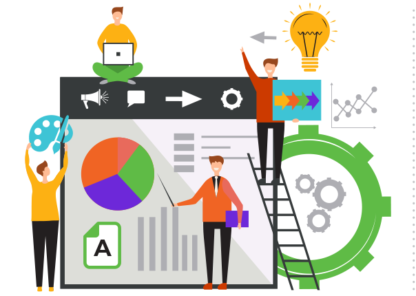 Illustration of three people analyzing data and working on creative tasks, with charts, graphs, gears, and a light bulb representing ideas and teamwork. One person points to a pie chart, another holds a palette, and a third sits with a laptop.